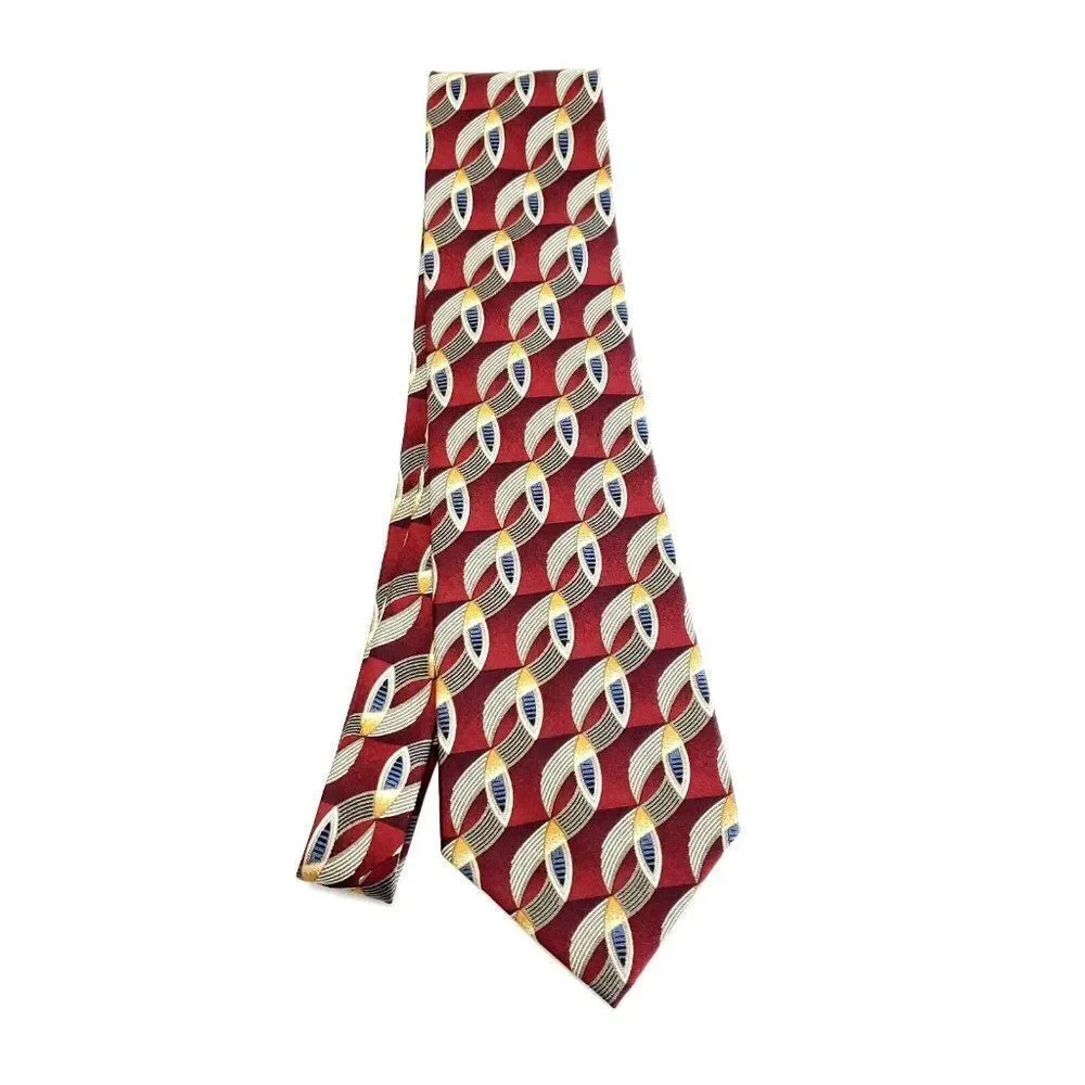 Perry Ellis Portfolio‎ Red Beige Silk Tie Woven Short Wide Geometric